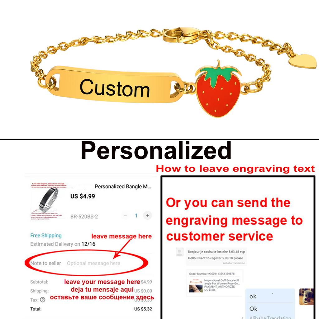 Personalized Strawberry Bracelet, Customized Name Bracelet for Little Boy Girl, Stainless Steel Cute Birthday Gift
