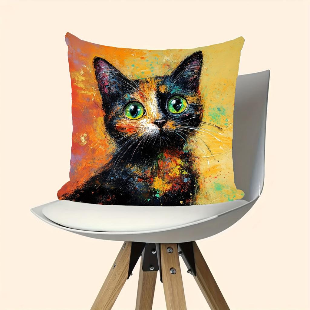 Colorful Tortoiseshell Cat Throw Pillow Cover, Vibrant Oil Painting Style Art Decorative Pillow Case
