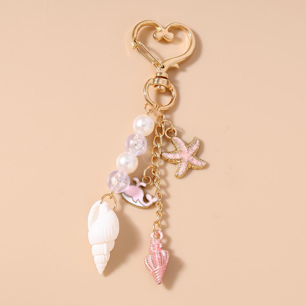 Fashion Marine Life Shell Conch Starfish Keychain Women Girls Pearl Key Ring Pendant for Handbag Decor DIY Key Chain Gifts