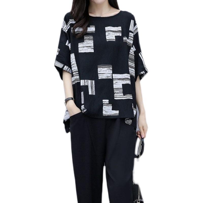 Plus Size Plus Size Women's Short-sleeved Fashionable Suit To Cover Belly Fat Mm Loose Slimming Two-piece Set
