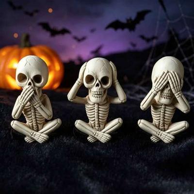 Funny Skeleton Figurines for Fireplaces 3 Pcs Halloween Statue, Hear No See Speak Table Decorations Evil Figurines, Gothic Craft Ornament Home