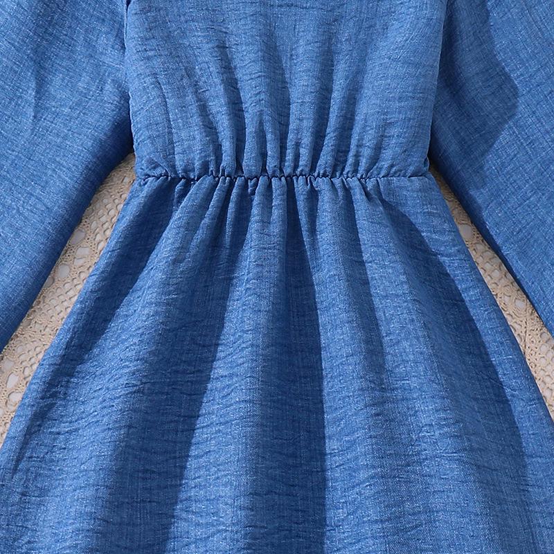 Girls' Lace Trim V-neck Waist-Cinching Long-sleeved Dress for Autumn