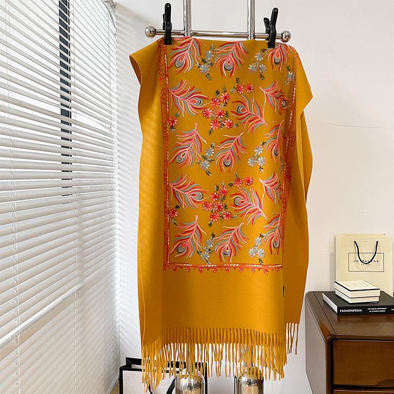 Winter Warm Cashmere Scarf for Women Floral Embroidery Pashmina Blanket Thick Shawl Wrap Neckerchief Elegant Poncho Bufanda
