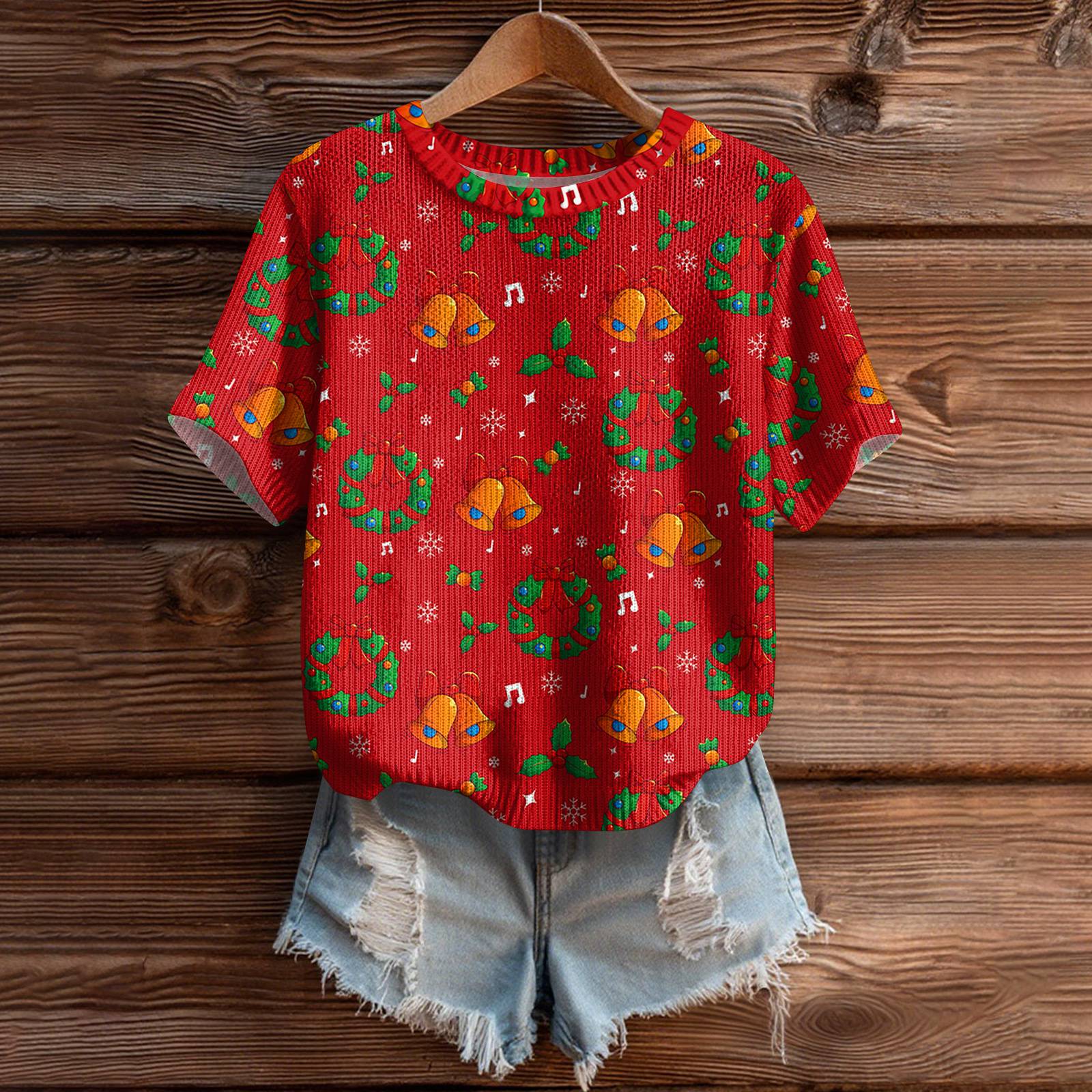 

Женский милый свитер вязаный модный повседневный с круглым вырезом и короткими рукавами уютный топ с принтом M красный