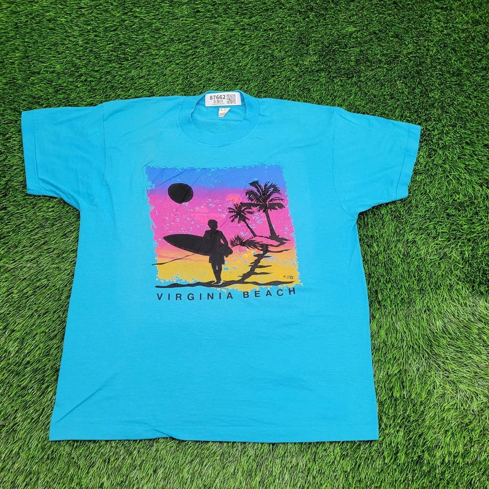 Vintage 80s Virginia-Beach Surfer Shirt Large 21x25 Blue M
