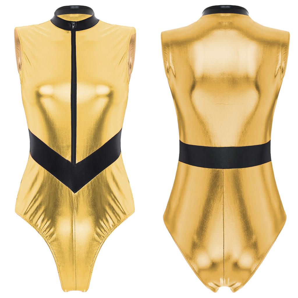 Modischer Farbblock-Body für Damen mit Reißverschluss, Stehkragen, metallisch glänzender, ärmelloser Catsuit für Party, Club, Musikfestival