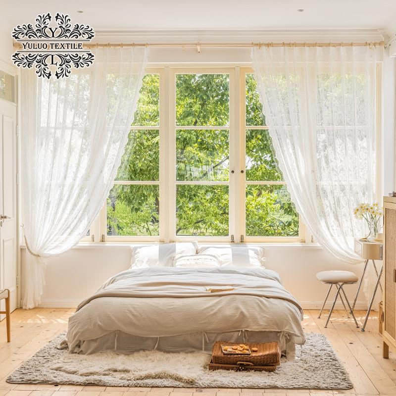 Romantic French Curtain Lace Curtain Finished American Pastoral Vintage Pearl White Tulle Fabric Room Bedroom Punch Hook Yarn