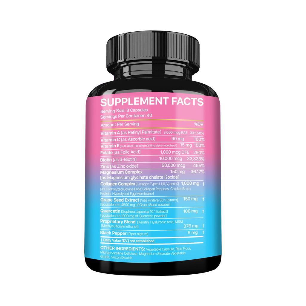 Collagen Peptide Capsules Containing Biotin, Keratin, Vitamin C, Vitamin E, Zinc, Magnesium, and Skin Health Support.