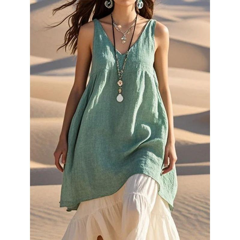 YYFS Women's Fashion Summer Spring Solid Color Print Sleevelesse V-Neck Loose Waistline Casual Dresses