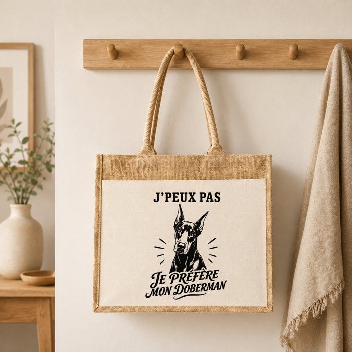 Sac cabas - PLANETEE - Collection « J'peux pas minimaliste » - Toile de jute et coton - 21 L (43×33×21 cm) - Motif Doberman