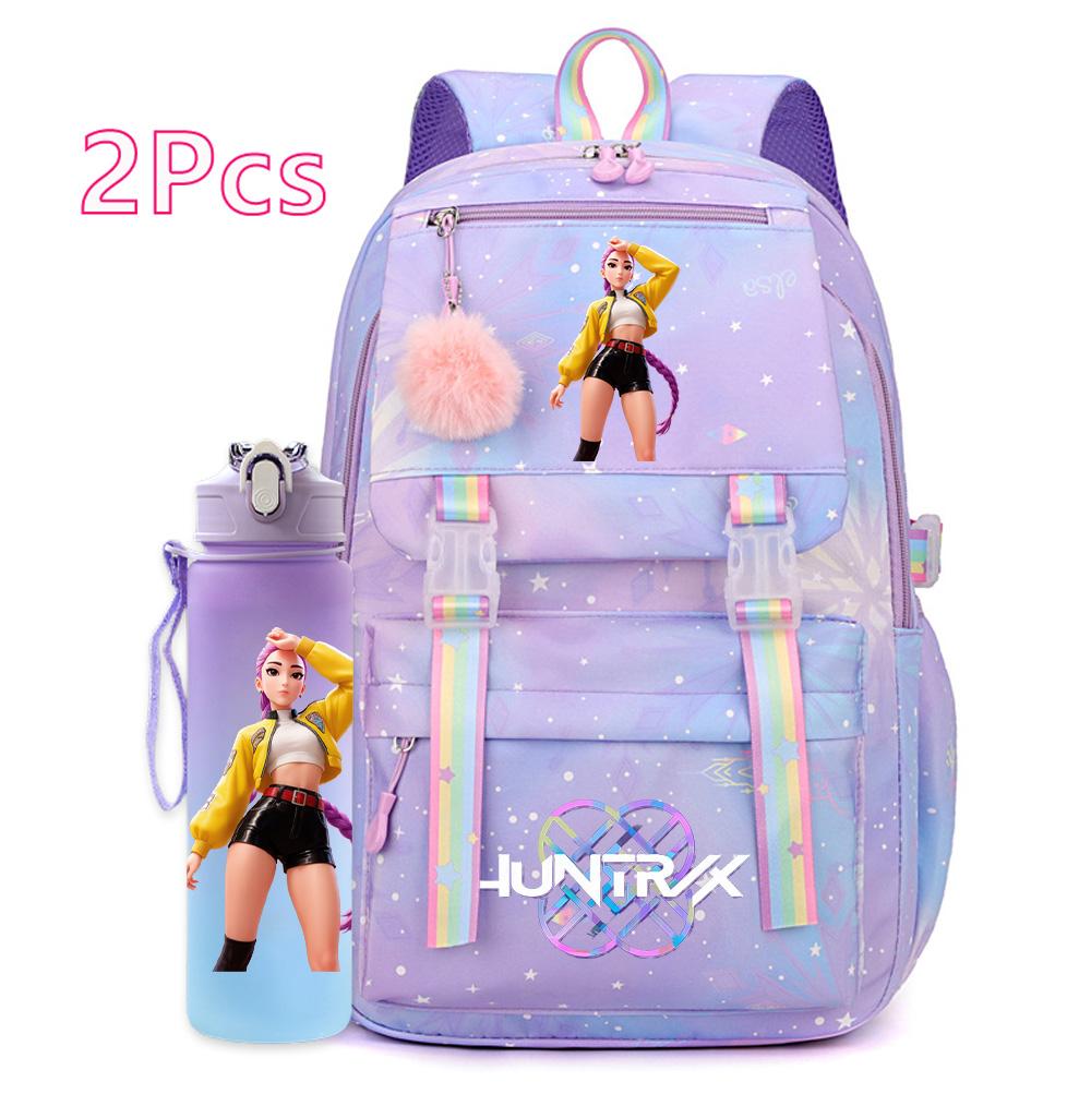 2Pcs/set New Anime Kpop Printed Backpack with 750Ml Water Bottler Large Capacity Travel Bag for Teenager Girl Boy Bookbag Kid Gift Large Capacity Bag