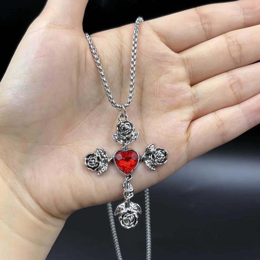 Gothic Punk Heart Gemstone Rose Cross Pendant Necklace
