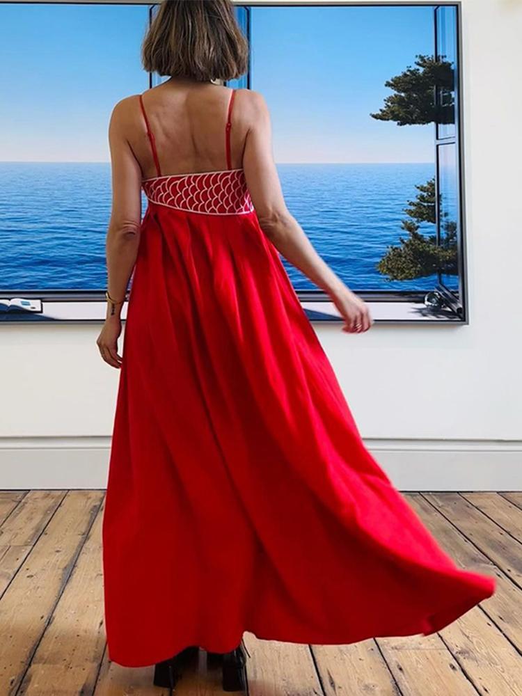 Красная вышивка в форме рыбы Женские платья свободный бретель без рукавов спинки — фото 3