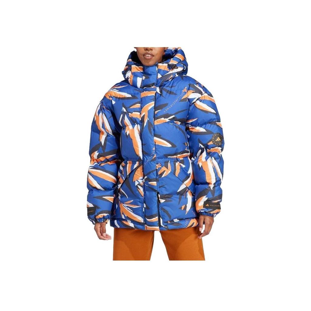 Adidas Veste en duvet à capuche pour femme, entièrement imprimée, poche avant zippée, vêtement d'extérieur, bleu encre IN2823