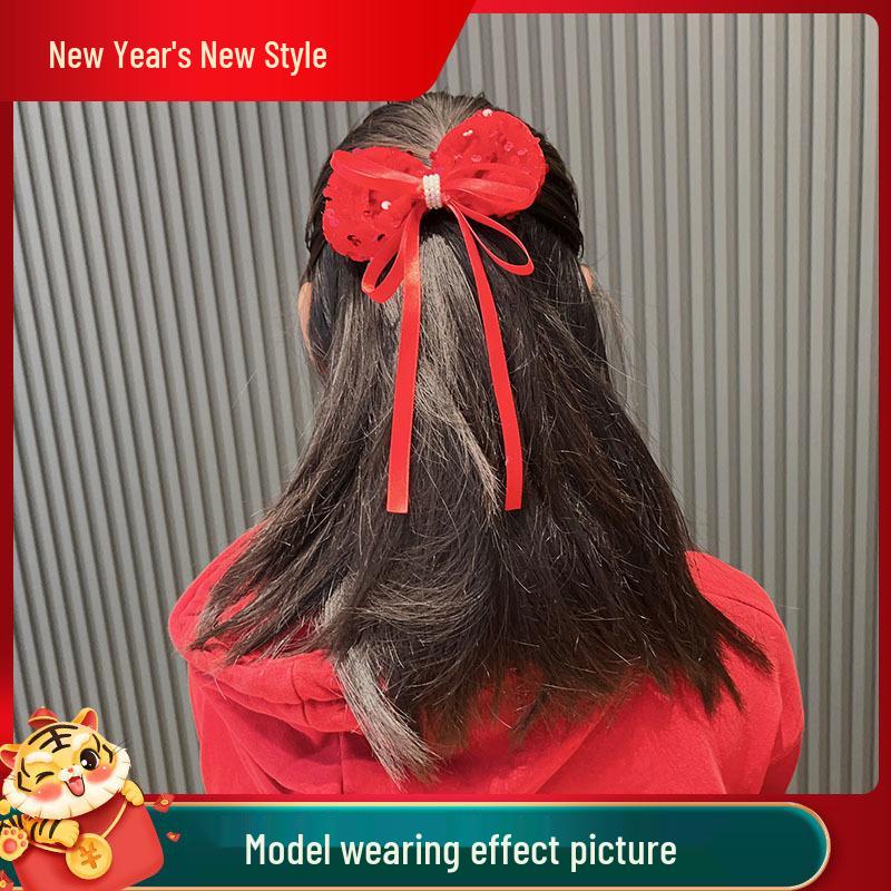 Children's Red Chinese Style Bow Hair Clip - New Year Accessory for Girls