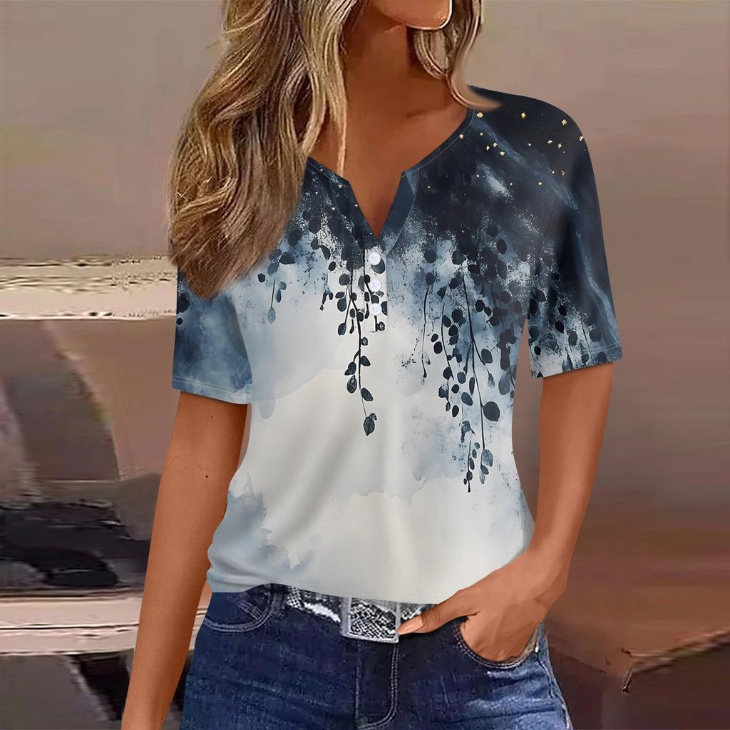 Women's T Shirt Print Button Short Sleeve Daily Weekend Fashion Basic V- Neck Regular Top