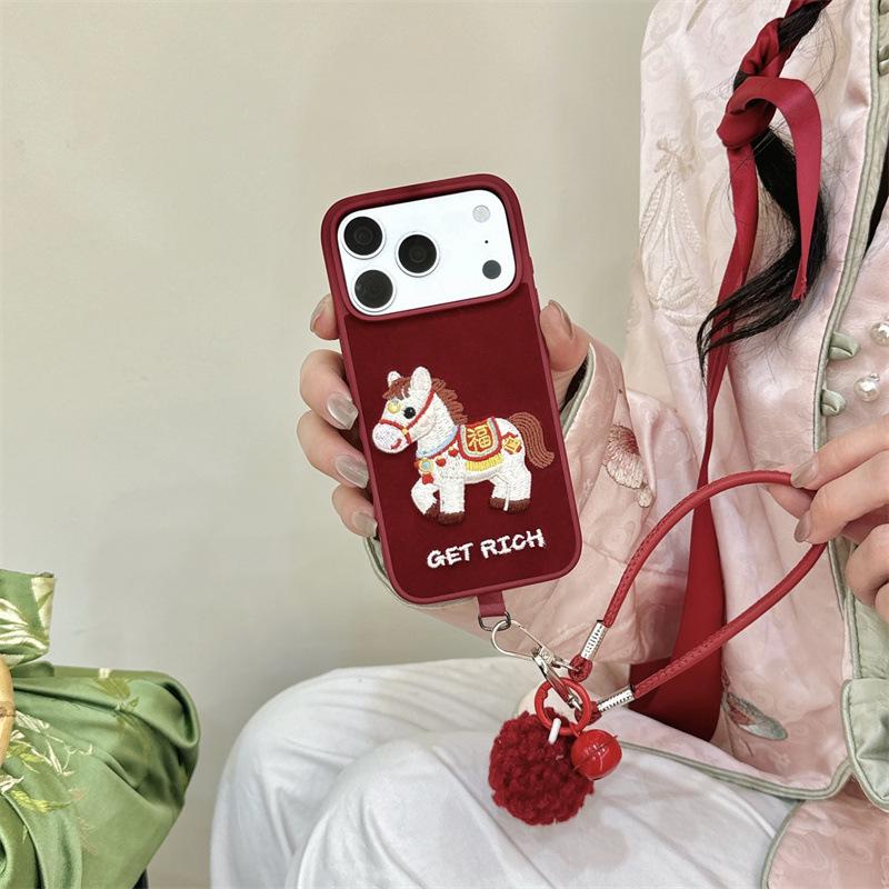 New Year Embroidered Fu Horse Lanyard for iPhone 17, 16 Pro Max, 15, 14 Case