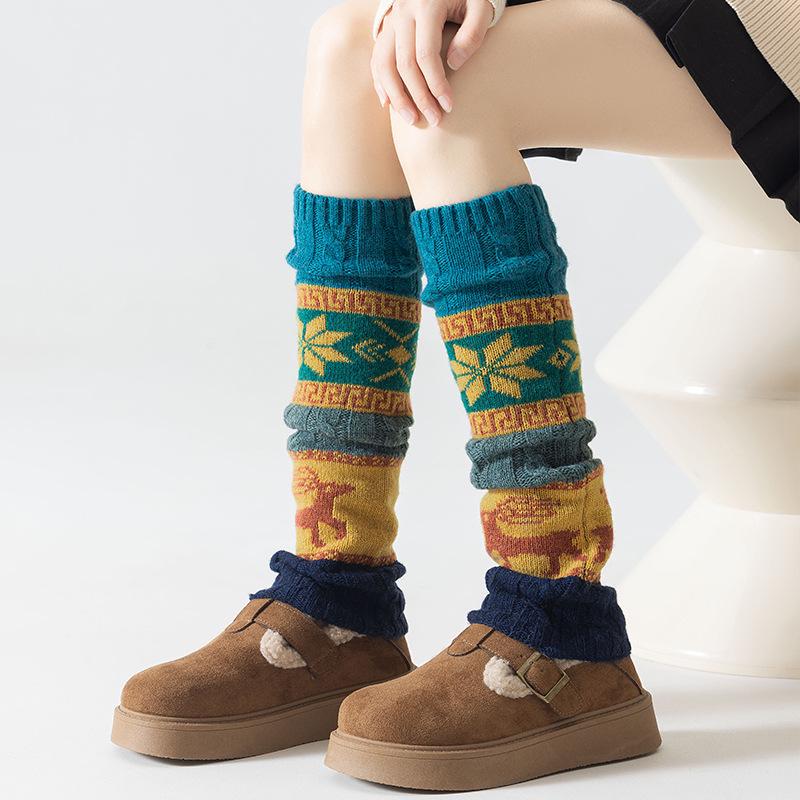 British Retro Wool Knit Scrunched Snowflake Reindeer Christmas Leg Warmers