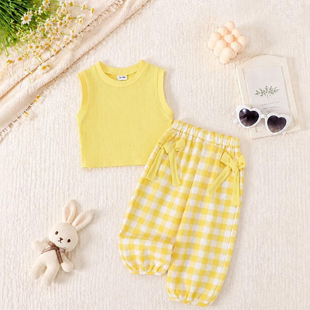 Girls Summer Tank Top with Bow and Plaid Casual Pants Set