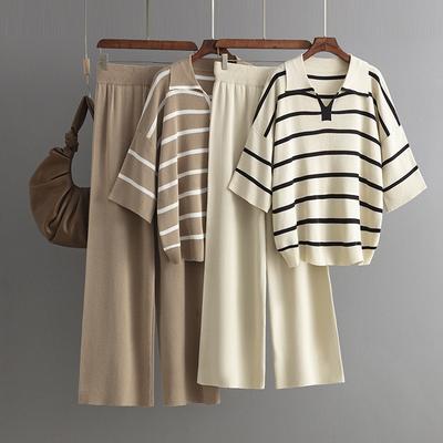 Contrasting Stripes Fashion Suit Summer New Casual Loose Knitted Wide-leg Pants Two-piece Set