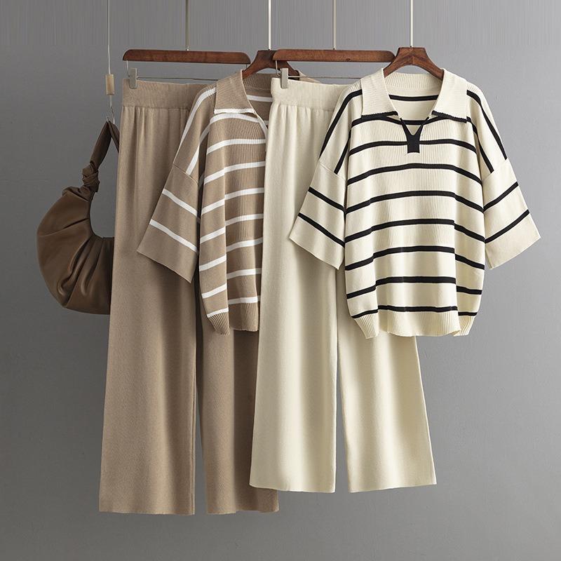 Contrasting stripes fashion suit summer new casual loose knitted wide-leg pants two-piece set