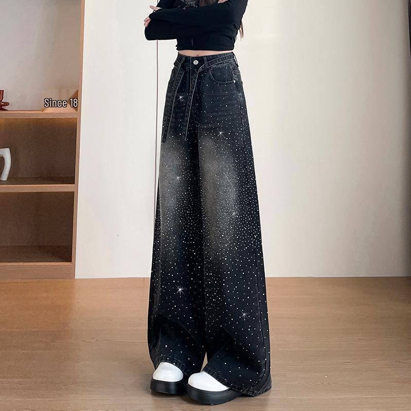 

Women s Retro Rhinestone Wide-Leg Jeans: Sparkling, Loose, Floor-Length Pants for Spring and Autumn Large