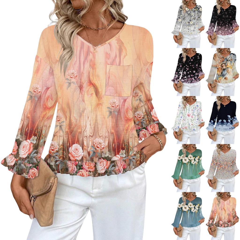 Dámský ležérní módní top s volánky, výstřihem do V, potiskem a dlouhým rukávem