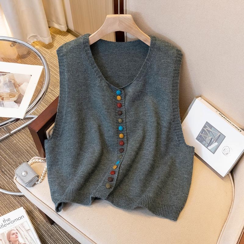 

DIMANAF 2025 Осень Женские Свитера Жилеты Без Рукавов Вязаные Пуговицы Повседневный Стиль Свободный Свитер One Size