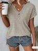 Women's Solid Color Ribbed V-Neck Three-Button Casual T-shirt