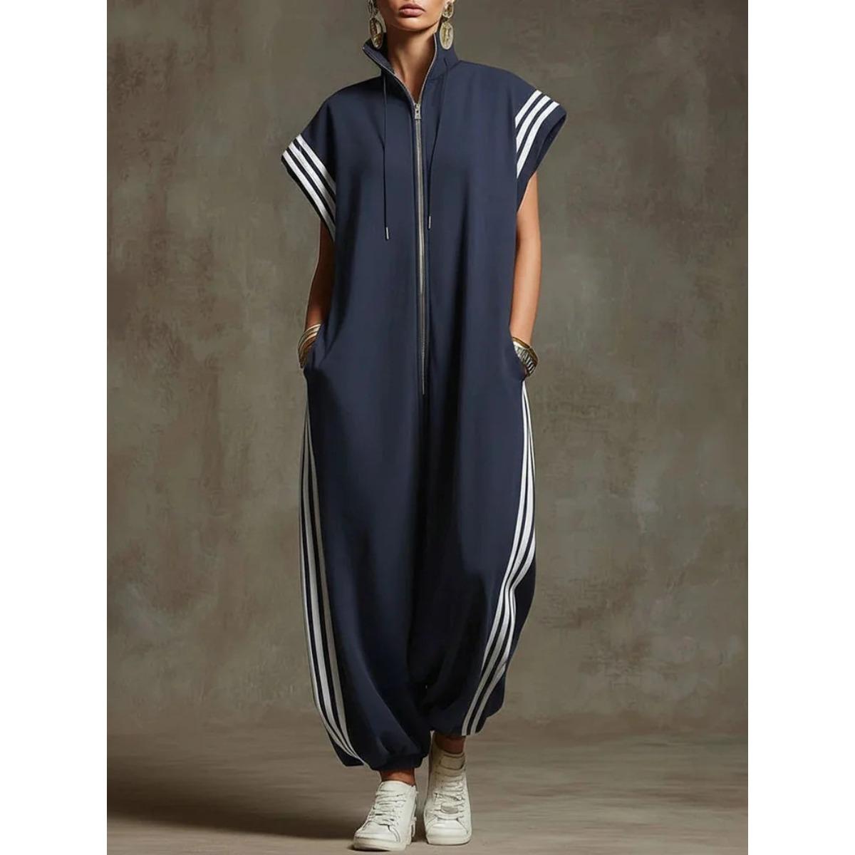 Damen Jumpsuit mit Stehkragen, Reißverschluss vorne, ärmellos, Seitenstreifen, locker, weiter Beinschnitt, lässig, Sport L blau