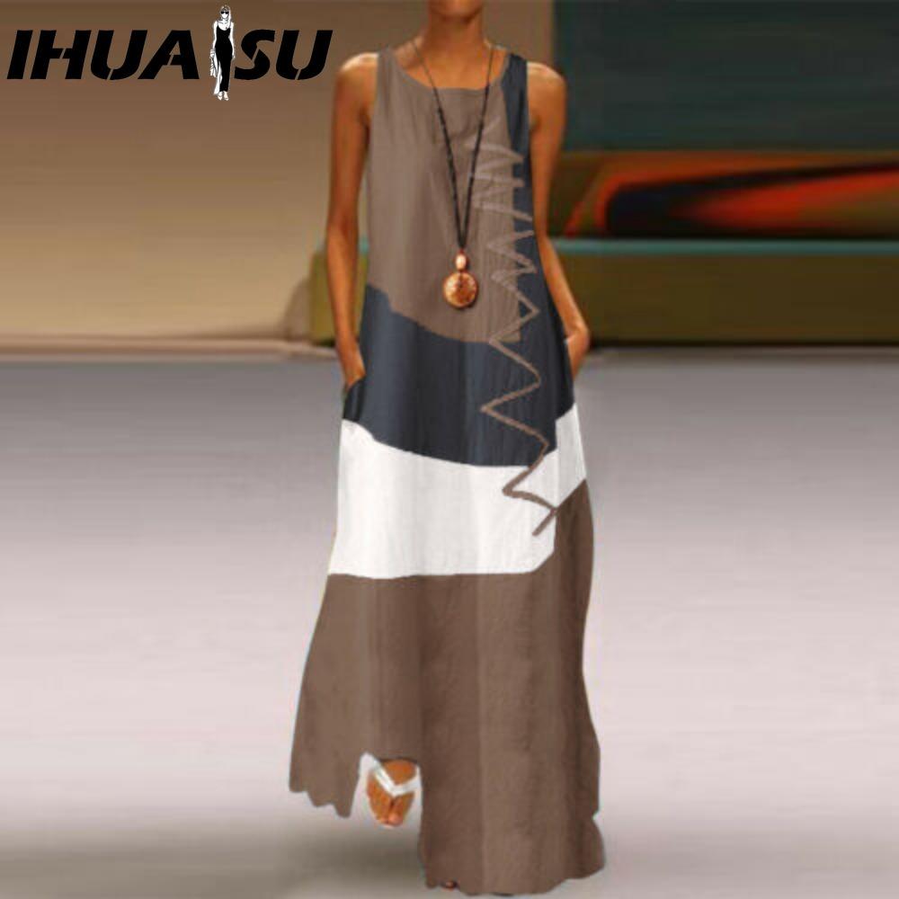 IHUASU Women's Fashion Summer Spring Sleeveless O-Neck Casual Dresses