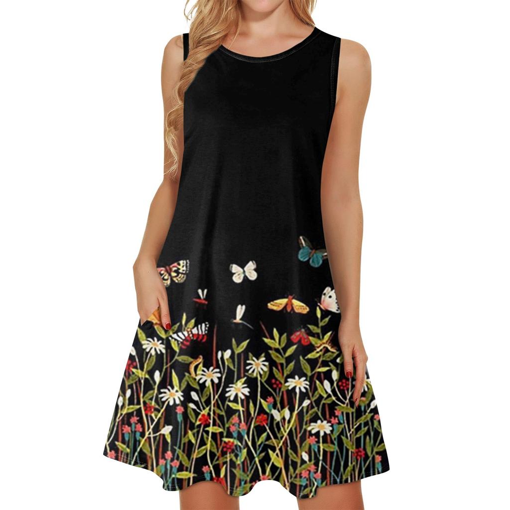 Summer Ladies Casual Print Round Neck  Sleeveless Beach Swing Dress