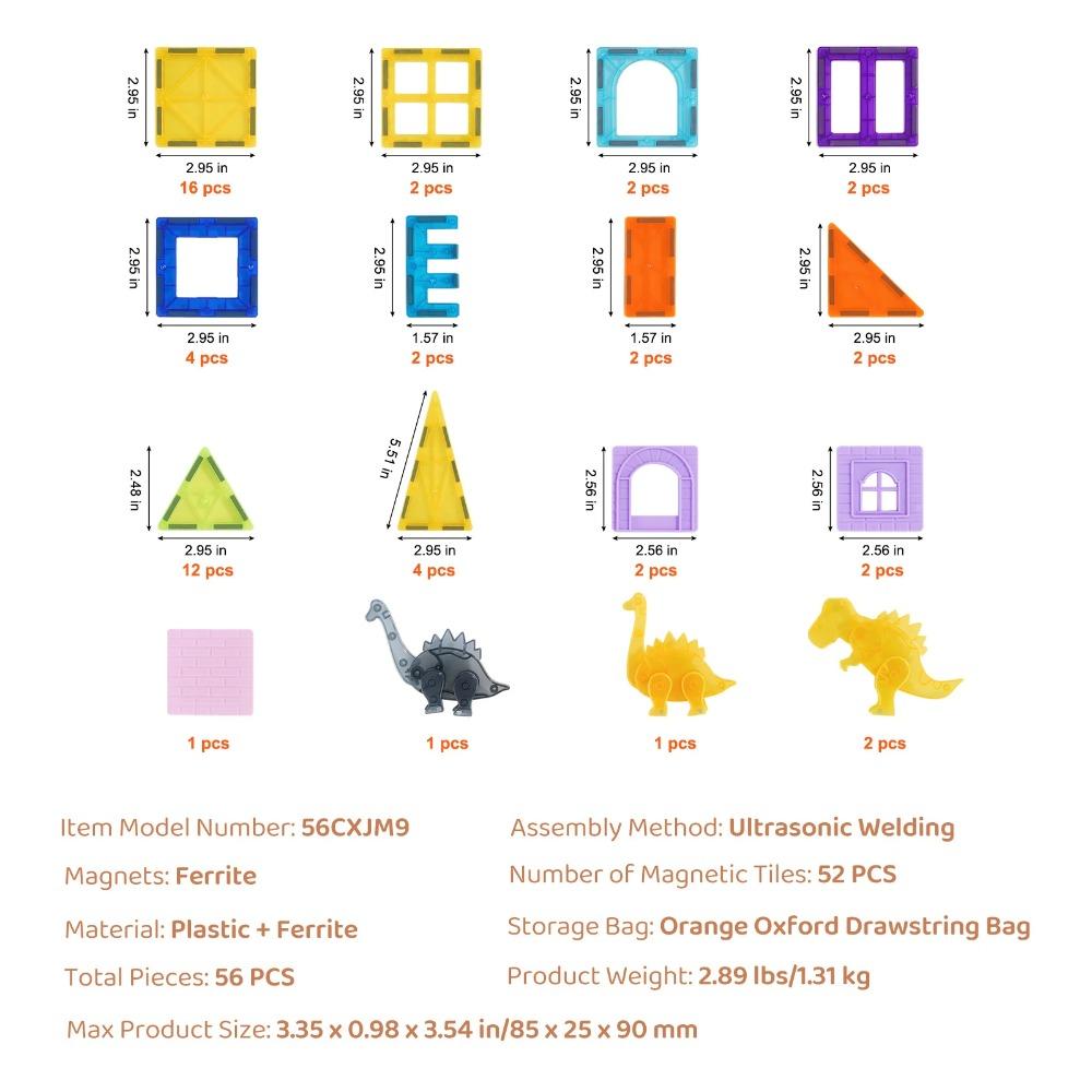SucceBuy 56PCS Magnetic Tiles Magnet Building Blocks with 4 Dinosaurs Construction Stacking Stem Educational Toys for Kids