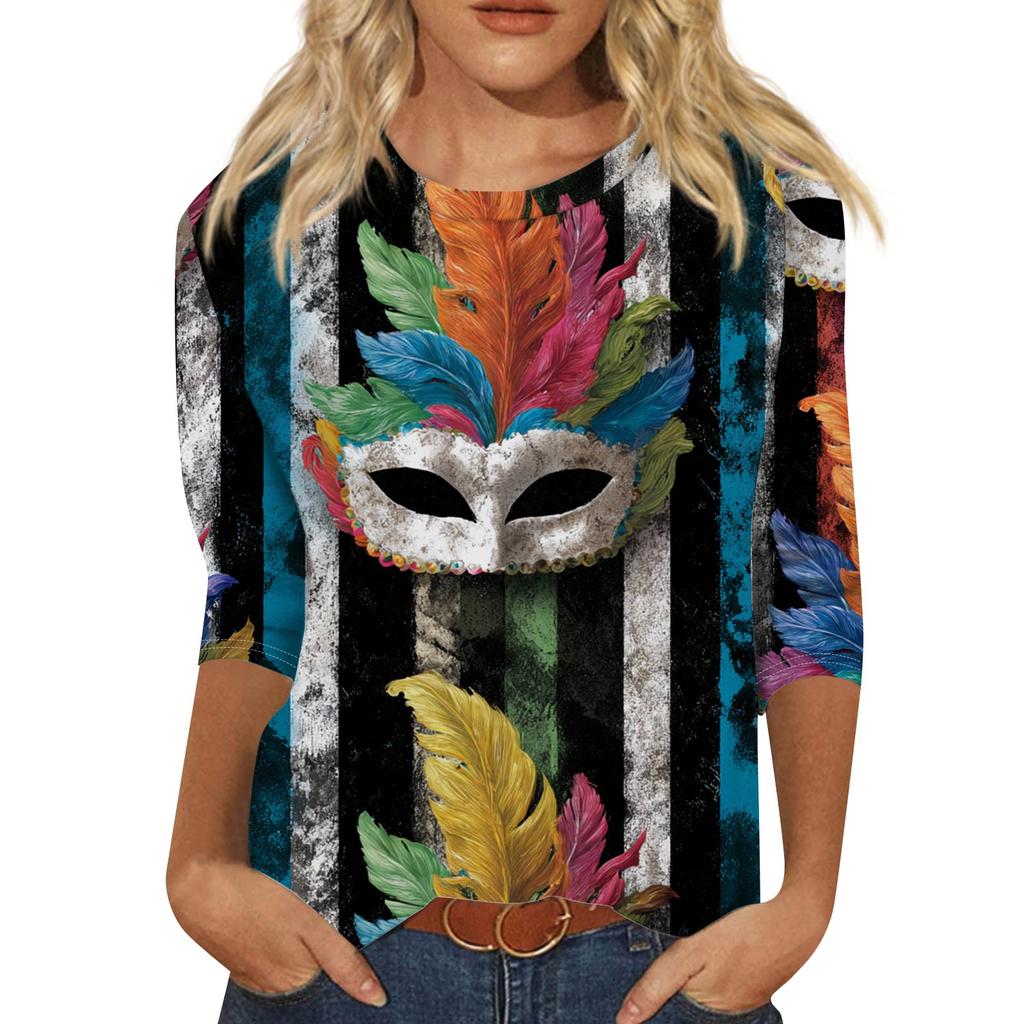 Dámský módní ležérní top s tříčtvrtečním rukávem a karnevalovým potiskem u krku