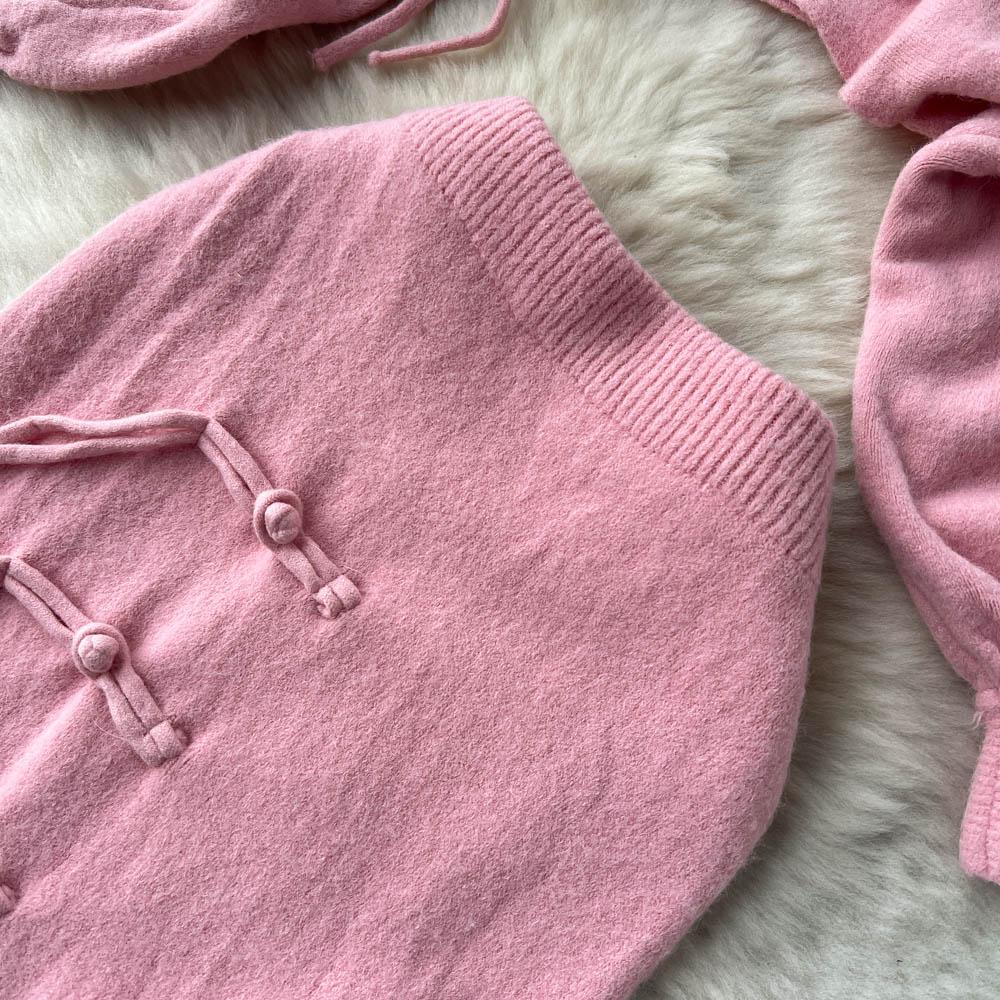 Podzimní a zimní pletený retro svetr s knoflíky na cívku + rozparková boková sukně do půl těla dvoudílný set