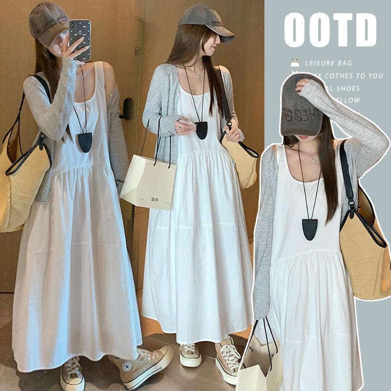 Spring/Summer 2026 Korean Style Loose Vest Dress & Grey Cardigan Set M