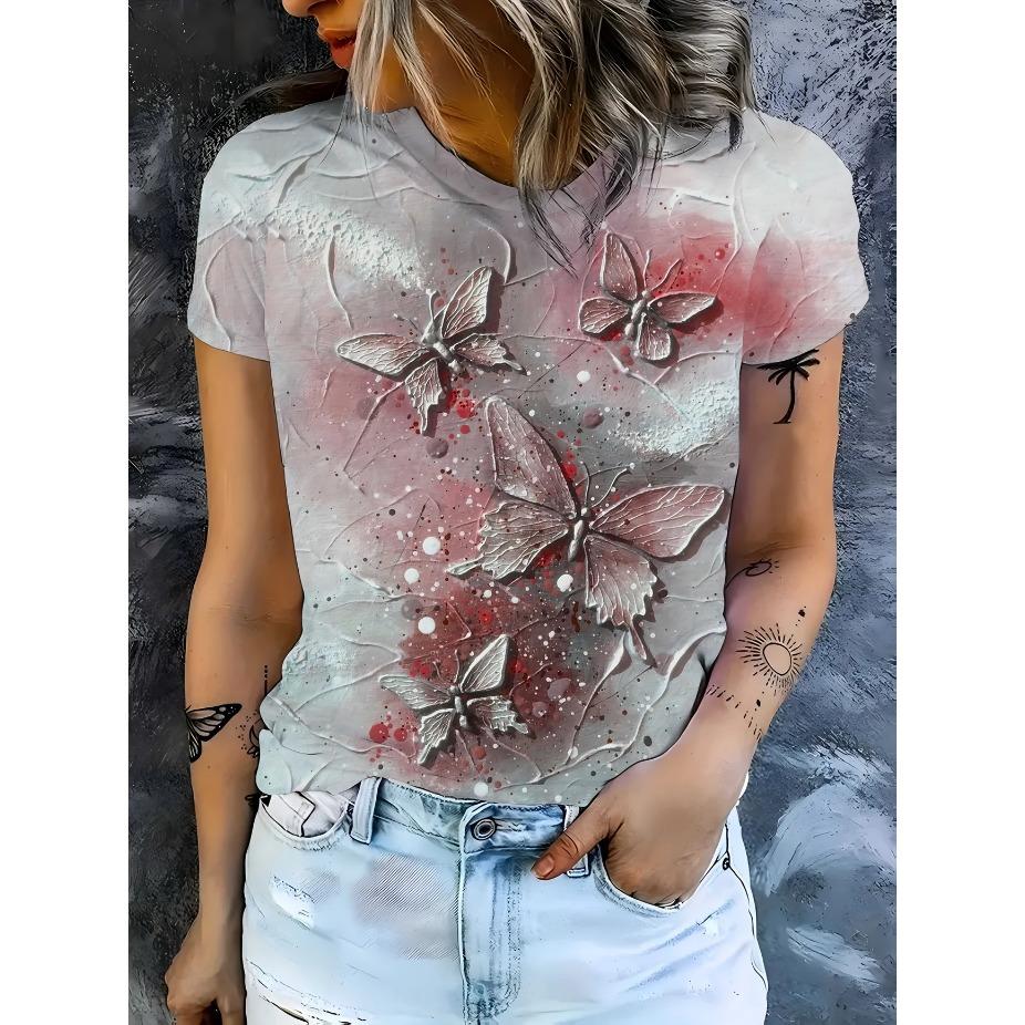 3D Butterfly Design T-Shirt, Casual Short-Sleeve Top Suitable for Spring and Summer, Womens Tees