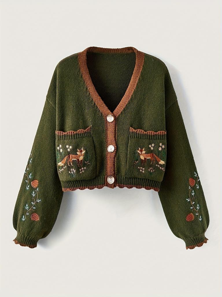 Women's Dark Green Knit Cardigan with Fox Embroidery and Puff Sleeves