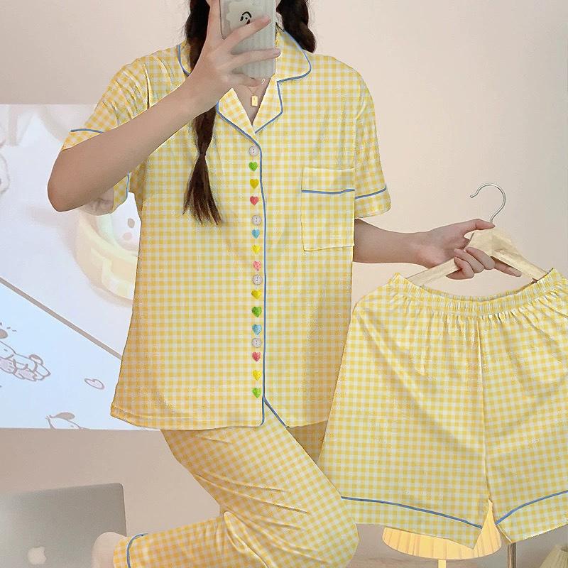Cute Plaid Love Embroidered Pajamas Women'S Spring Summer Short-Sleeved Three-Piece Student Loungewear