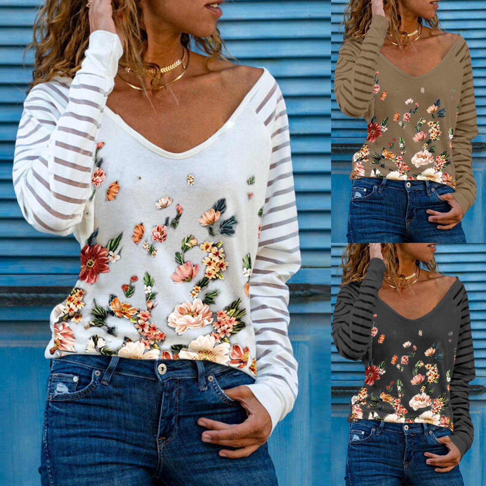 

Женская весенняя модная блузка с v-образным вырезом и цветочным принтом в стиле пэчворк, топы, пуловер XXXL чёрный