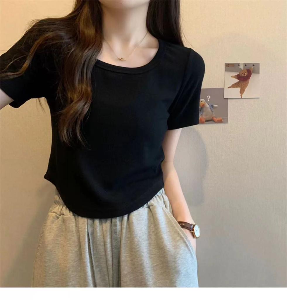 French Square Collar Curved Hem Short-sleeved T-shirt Women's Summer New Solid Color Slim-fitting Versatile Niche Top Tide