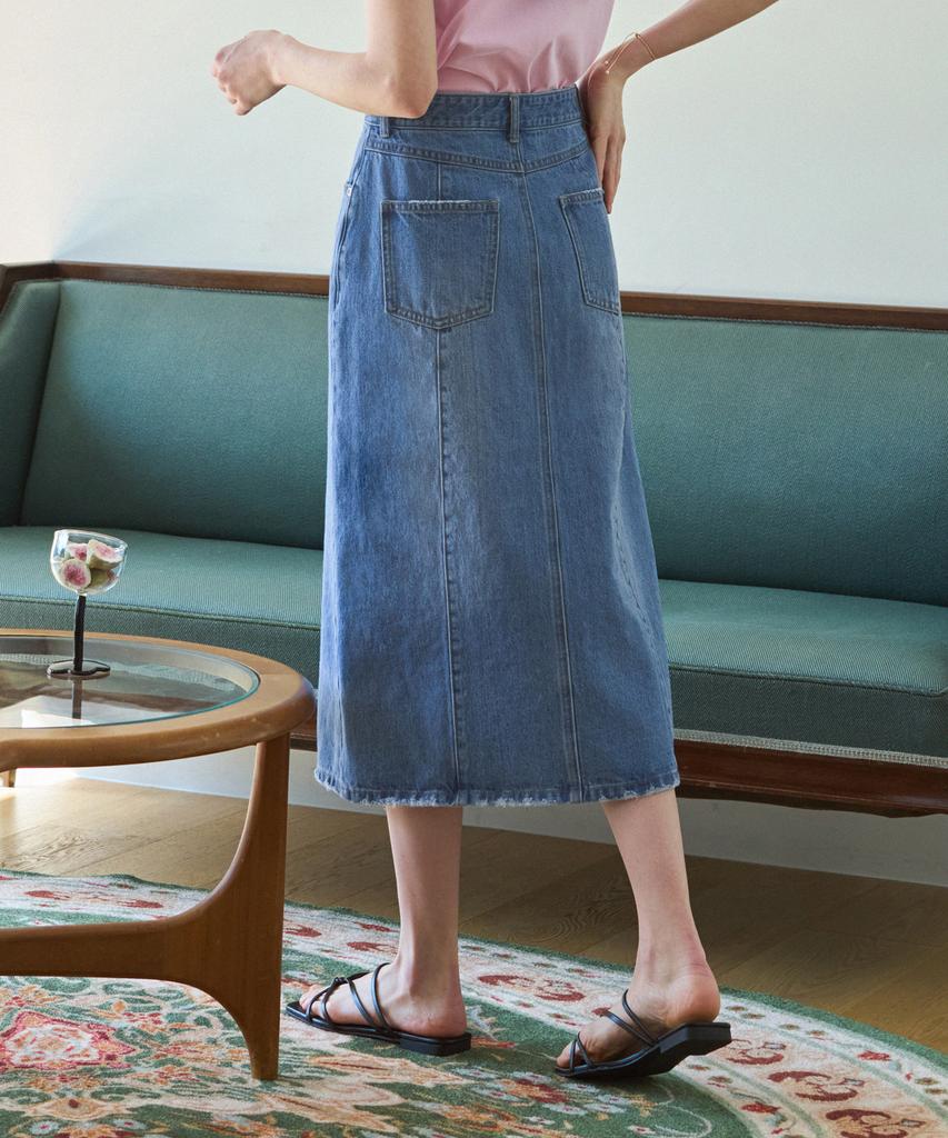 Deuloupisumeon Vertical Line Denim Long Skirt [Blue]
