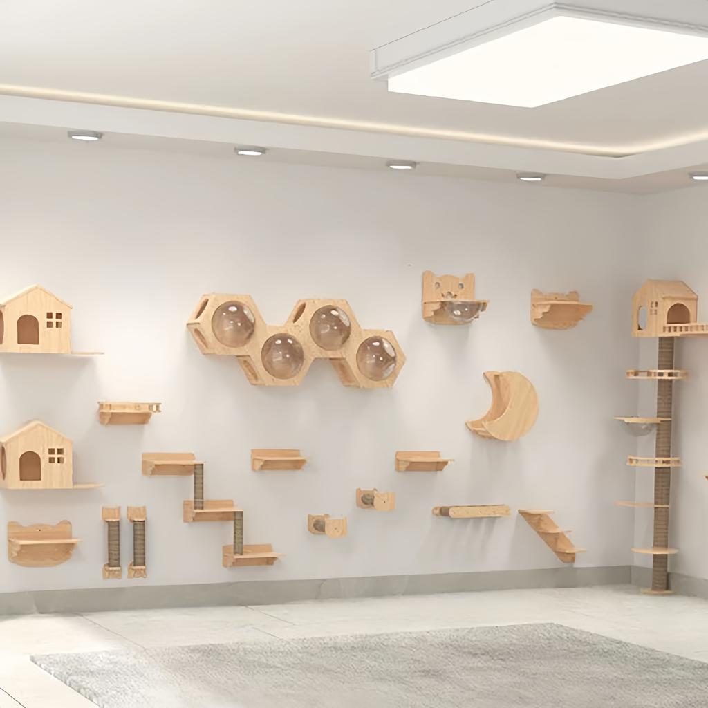 Wooden wall-mounted cat tree with sisal scratching posts Cat hammock Staircase Cat jumping, play and climbing frame