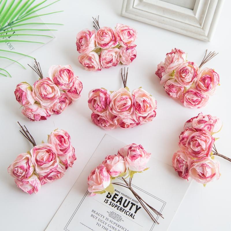 6Pcs Artificial Flowers Fake Silk Rose For Christmas Wreath Accessory Home Floral Arrangement Wedding Bridal Bouquet Decoration