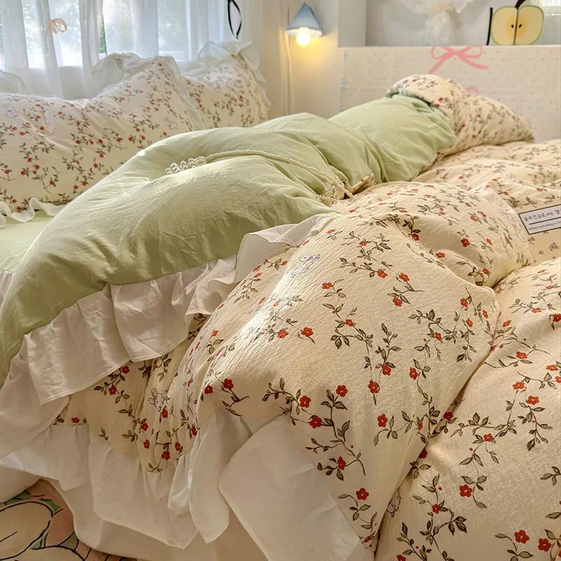 1.5/1.8 Korean Style 100% Cotton Fitted Sheet Sets with Lace Flower Print Bedding Set for Seasons Home Bedclothes for Adult Kids