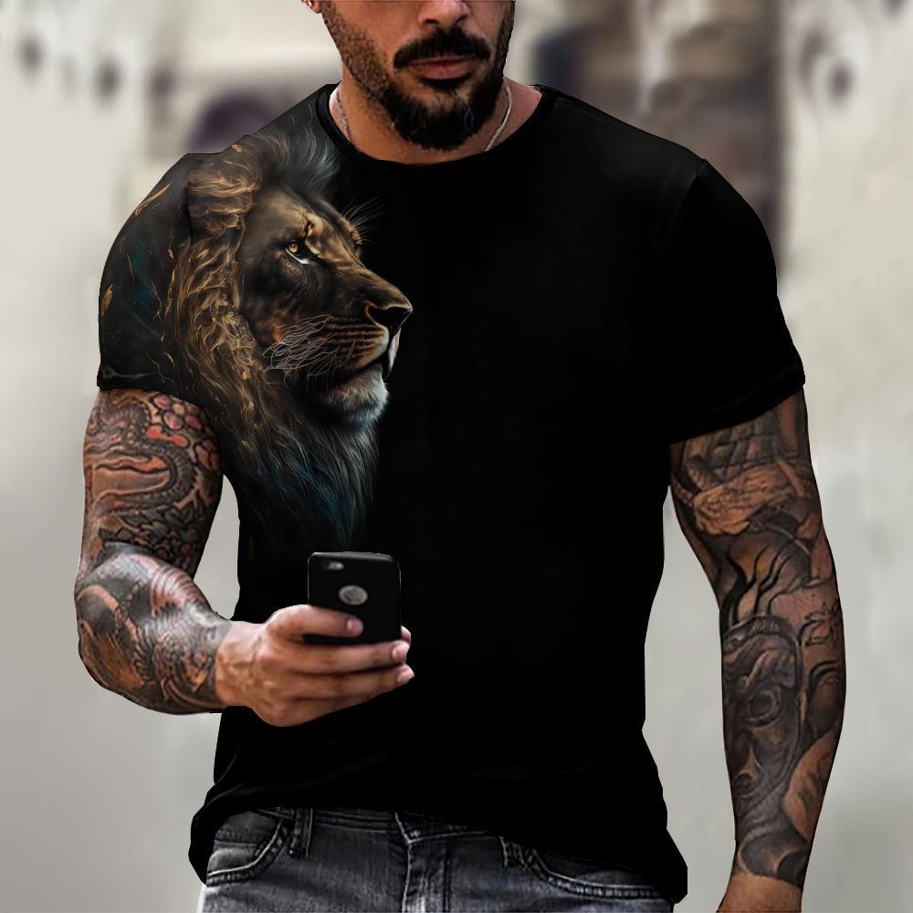 Men's T-Shirt Lion Pattern Man T Shirt Summer Short Sleeve Top Round Neck Y2k Clothes T-Shirts for Men Breathable Men Clothing