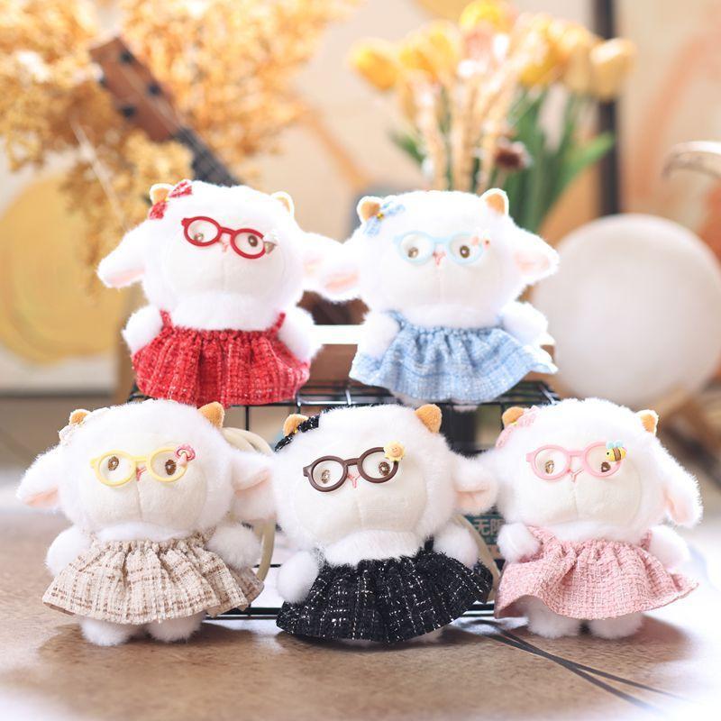 Soft Fluffy Lamb Plush Keychain Mini Cute Glasses Dress Design Car Key Pendant for Women Handbag Decoration Small Gift