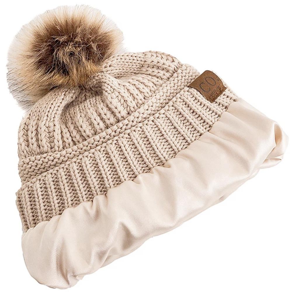 New Anti-Static Beanie Hat Satin Lined Faux Fur Pom Pom Beanies Hat For Woman Winter Warm Knit Hats