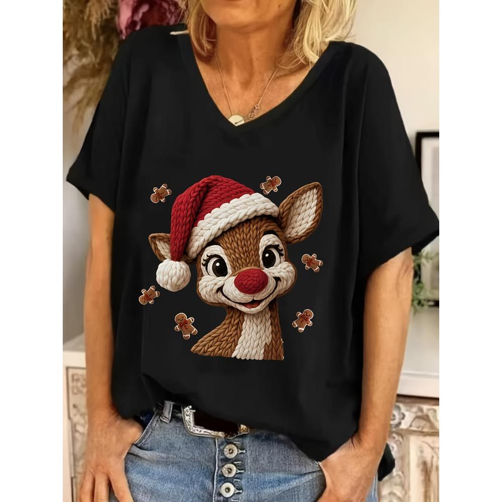 V-neck short-sleeved T-shirt for women, Christmas reindeer, Christmas hat, printed loose top, casual and versatile
