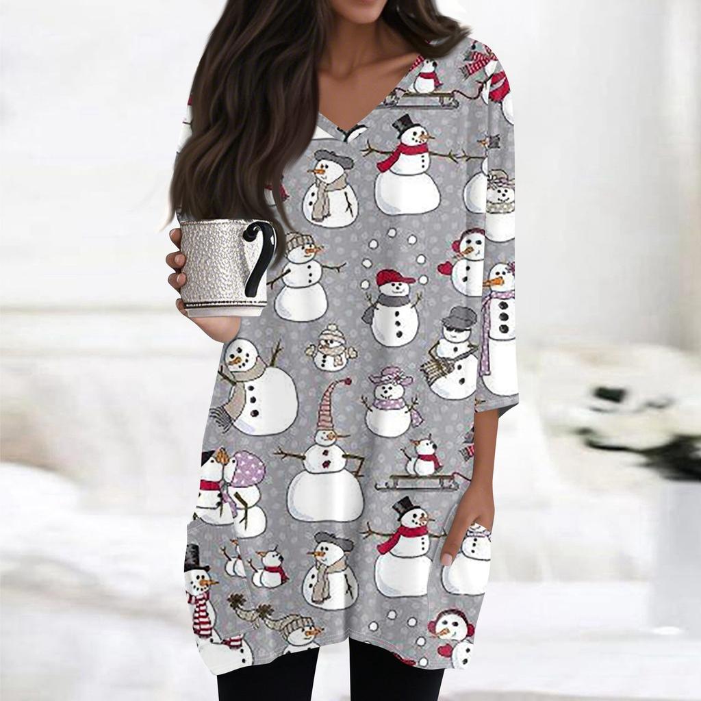 Womens Tops V-neck 3/4 Sleeve Blouses Casual Mid-length Shirts Fashion Christmas Print Tunic Tops With Pockets